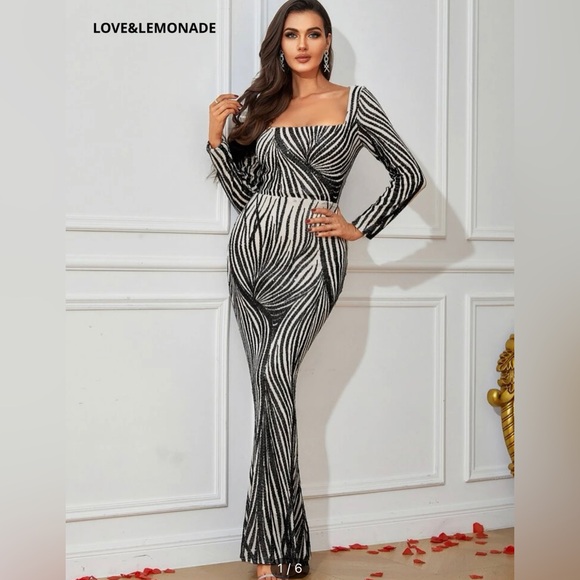 Square Neck Mermaid Dress Long Sleeve Maxi Evening Prom Dress - Picture 3 of 6